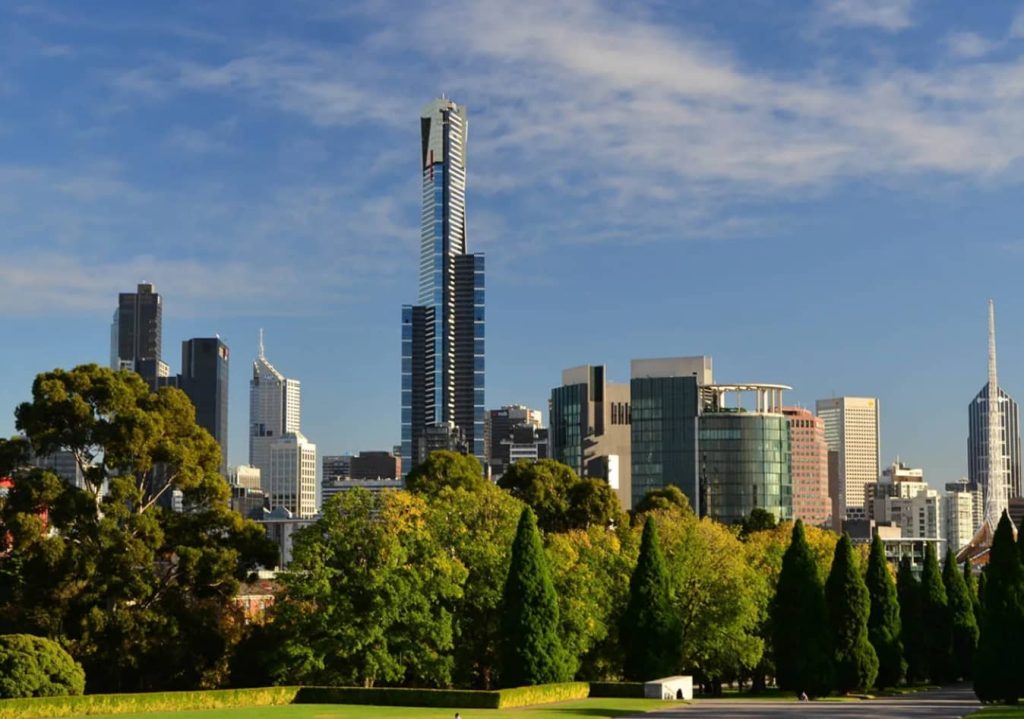 A scenic panoramic view of the Melbourne city skyline and green parklands representing an Australian education campus location.