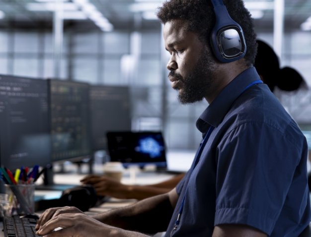 An IT professional wearing headphones working on multiple computer monitors in a modern office environment.
