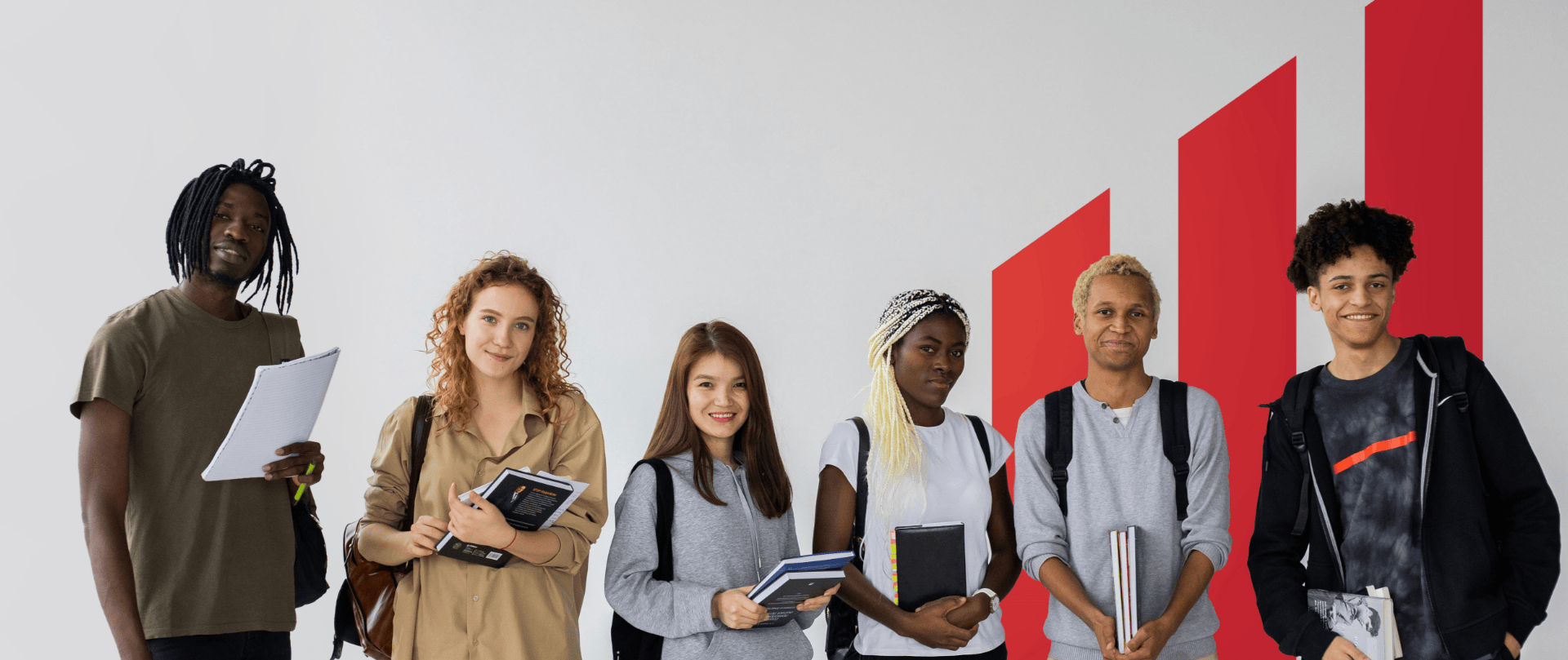 Six diverse international students holding books and notebooks at Advance Institute Australia campus.